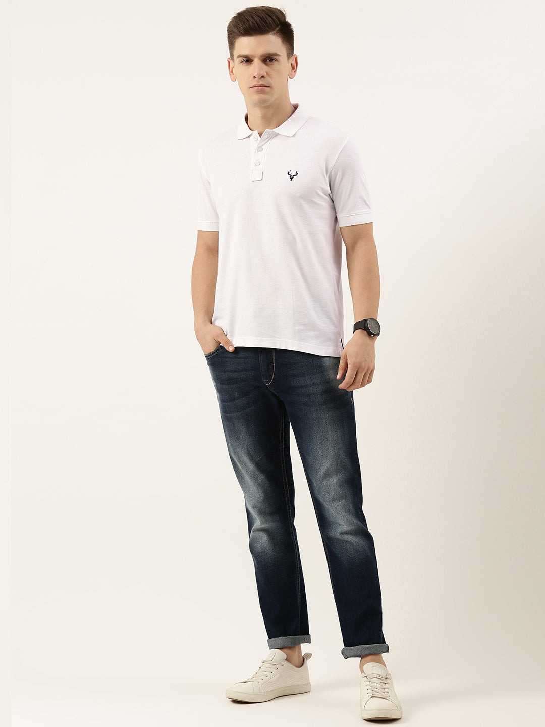 Men White/Jet Black Regular Fit Solid T-Shirt