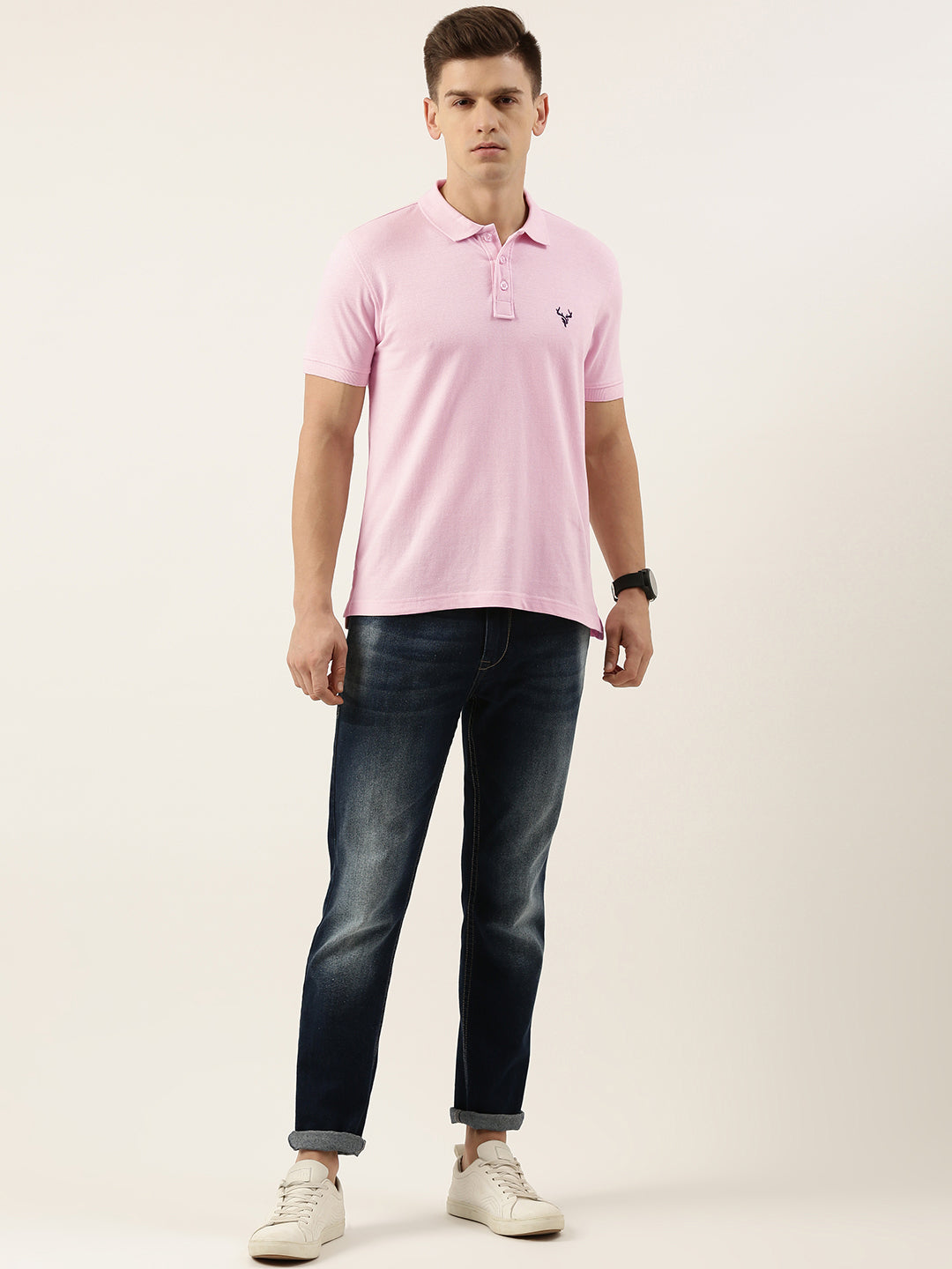 Men Pink/Peacot Blue Regular Fit Solid T-Shirt