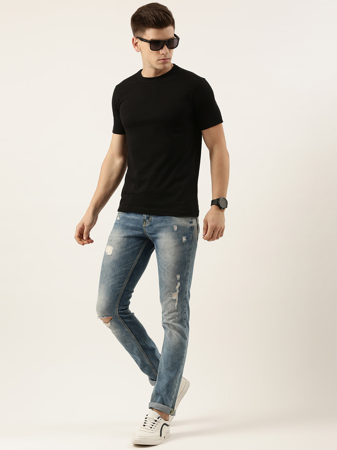 Men Royal Blue/Black Regular Fit Solid T Shirt (PO2)