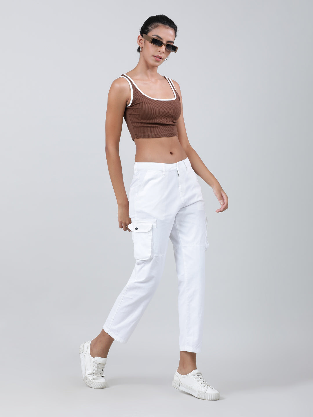 Women White Regular Fit Pure Cotton Solid Cargo Trousers