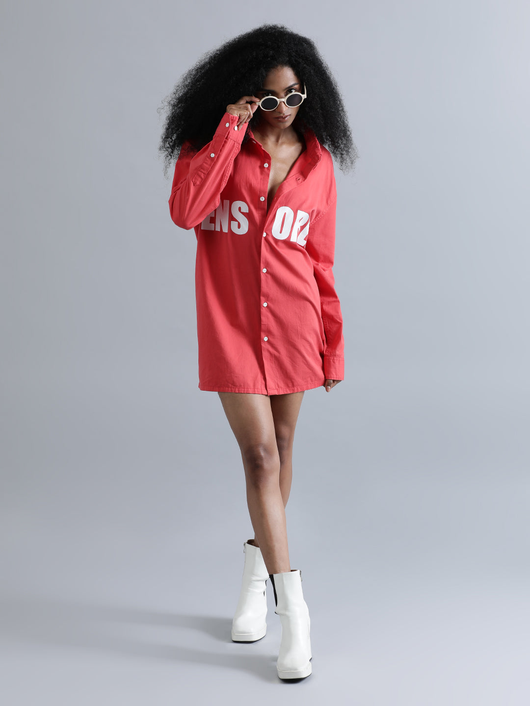 Women Bright Red Cotton Oversized Solid Shirt with Chest Print