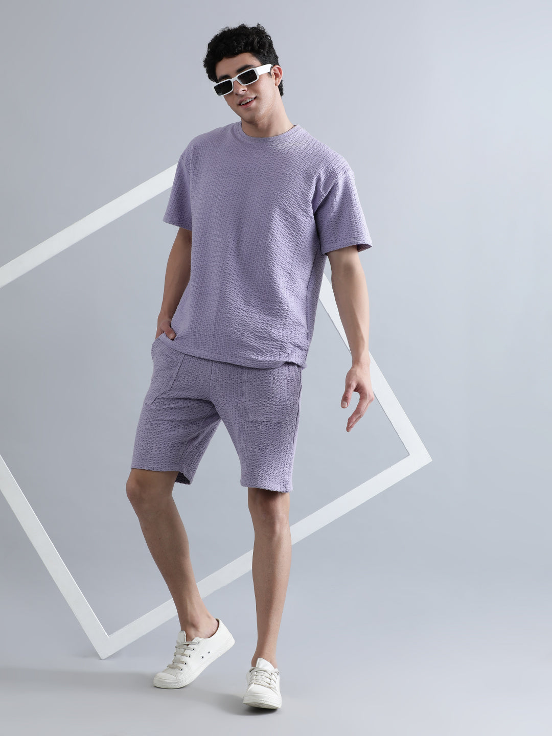 Men Lilac Regular Fit Solid Seersucker Knitted Co-Ord Set