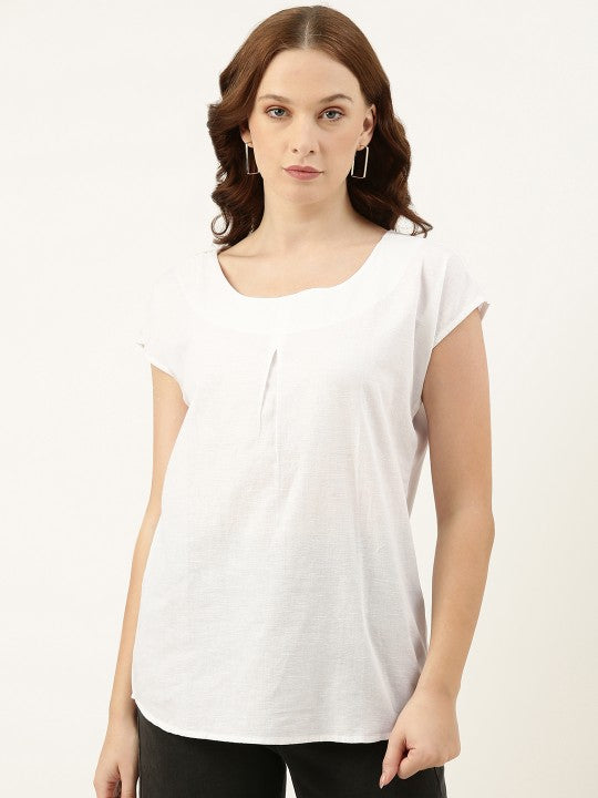 Women's Regular Fit White Scoop Neck Woven Cotton Top