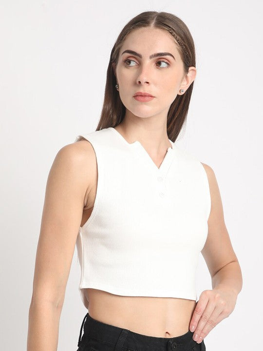 Women Off White Skinny Fit Solid High Low Ribbed Crop Top