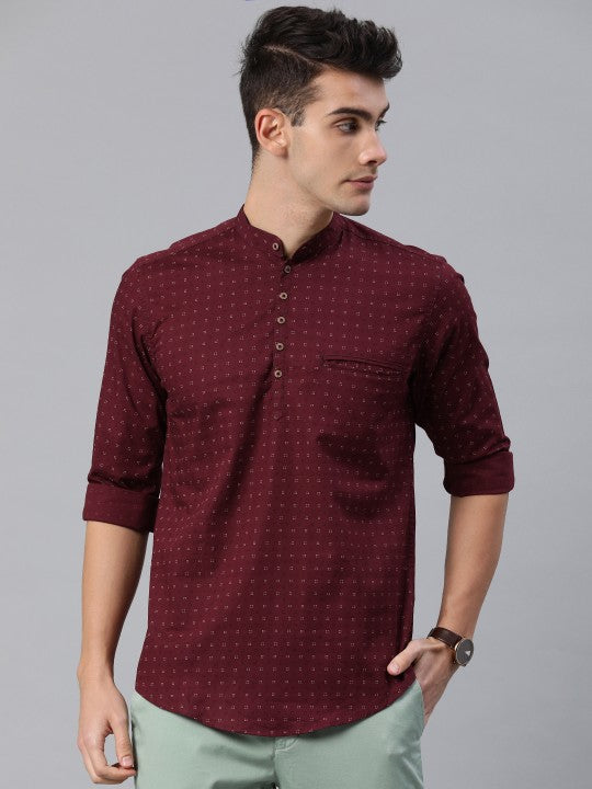 Men Maroon Slim Fit Printed Ethnic Kurta