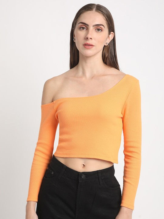 Women Orange Skinny Fit Off-Shoulder Solid Ribbed Top