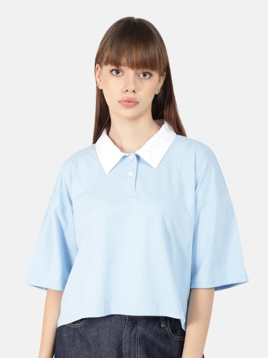 Women Sky Blue Solid Cropped Polo T-Shirt with Contrast Collar