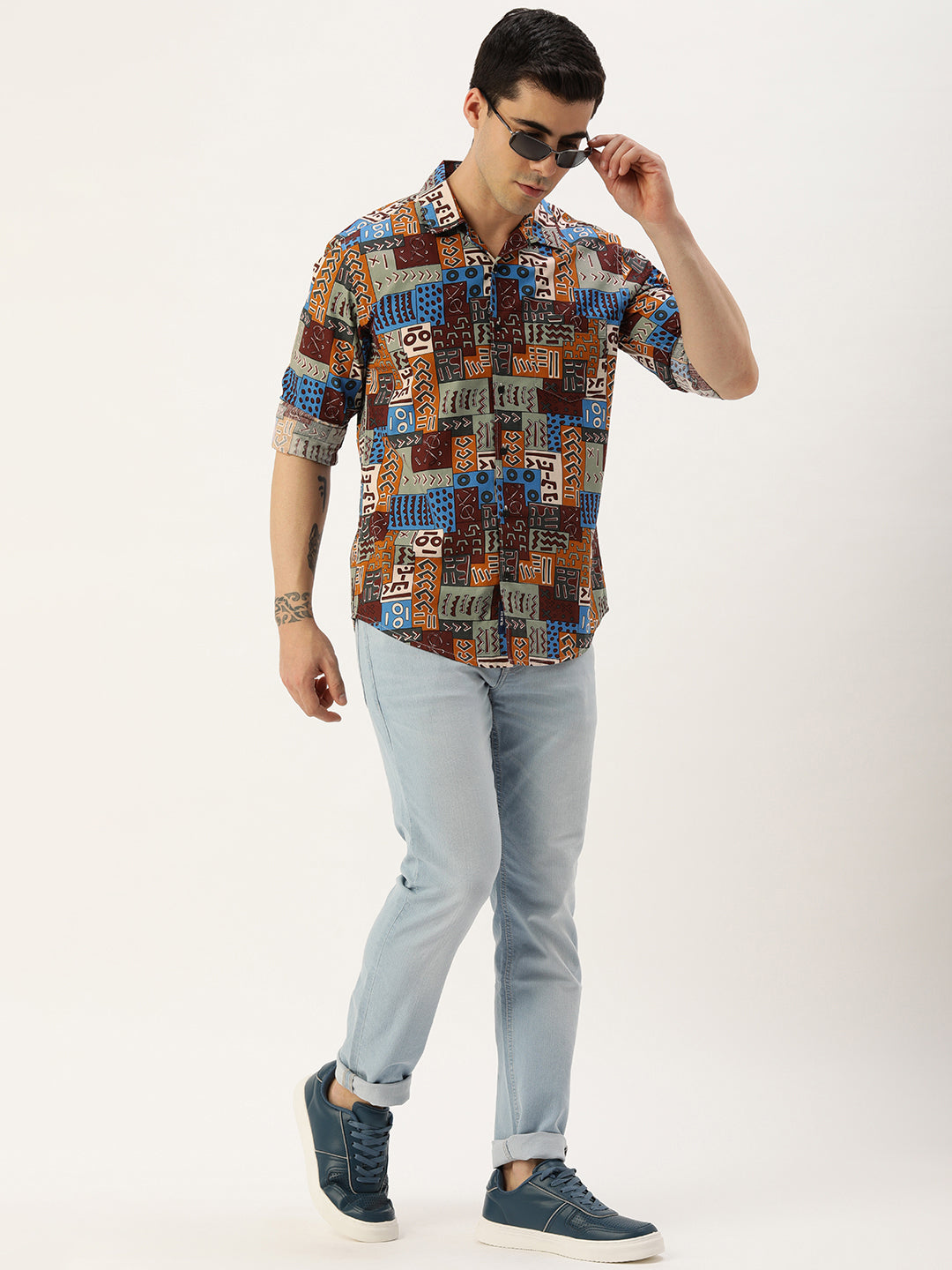 Men Maroon/Cream Slim Fit Tribal Casual Shirt