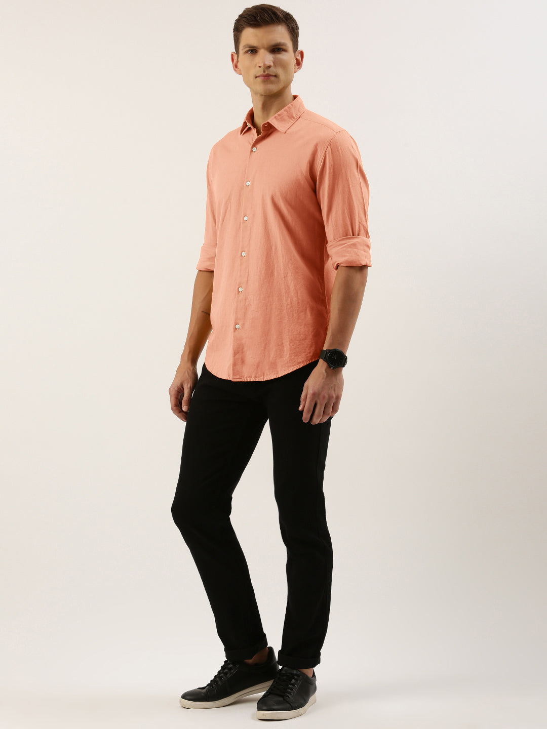 Men Peach Slim Fit Solid Casual Shirt