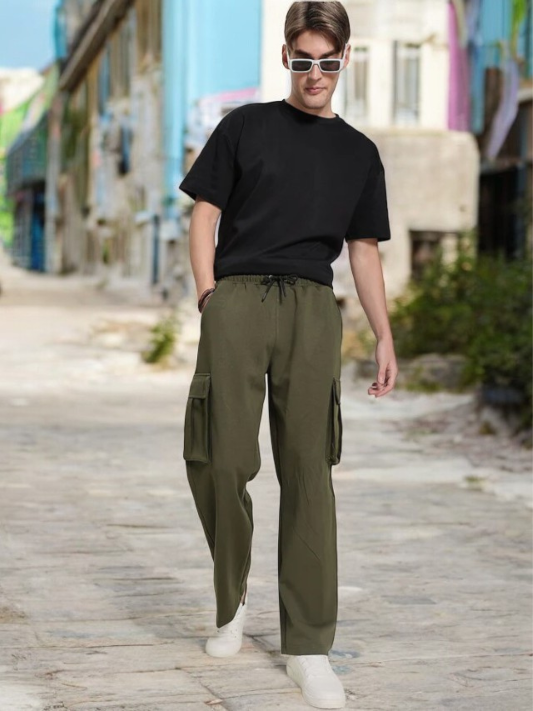 Men Olive Plated Interlock Relaxed Fit Solid Cargos Trousers