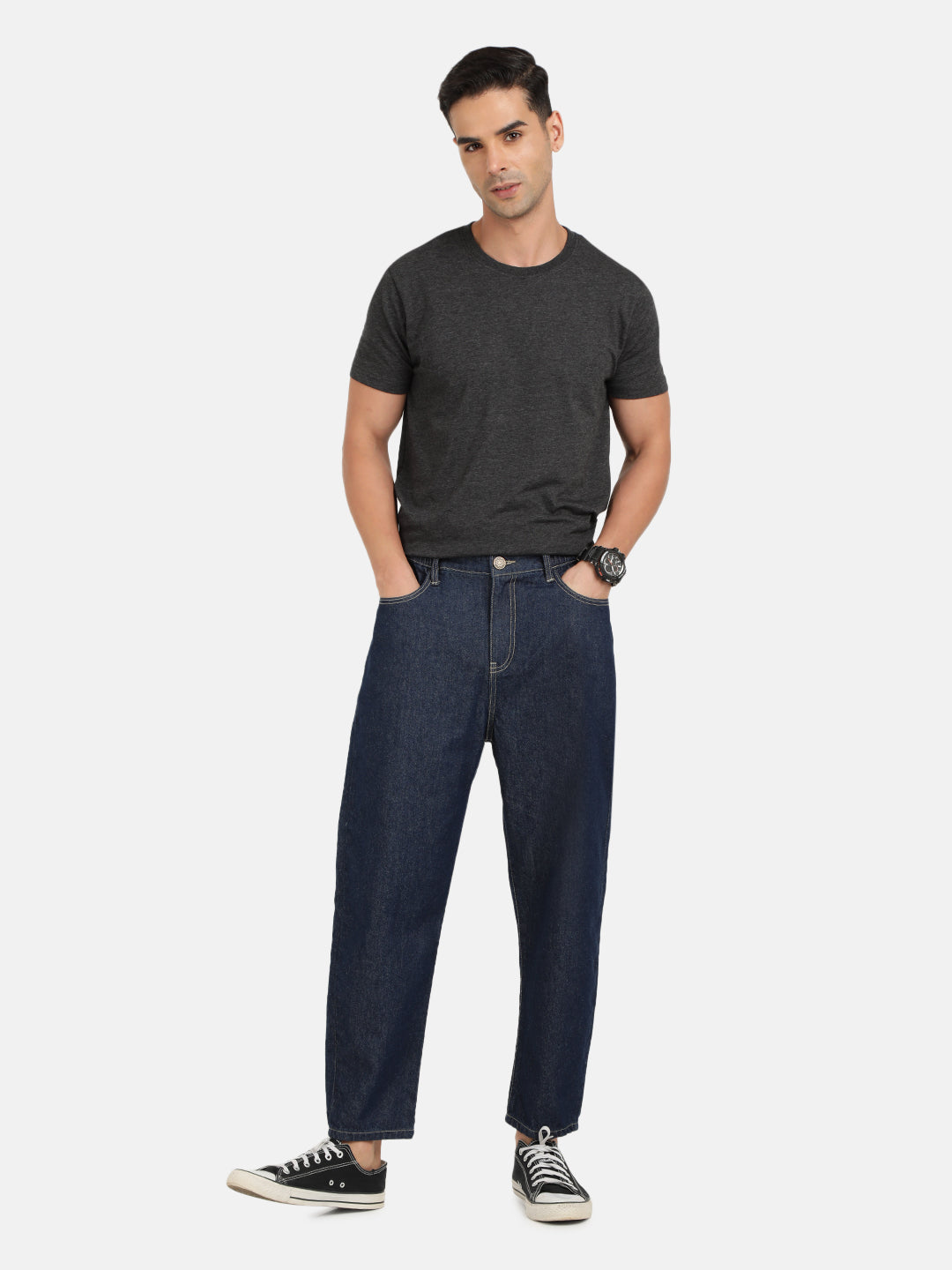 Men Navy Slouchy Fit Solid Cropped Jeans