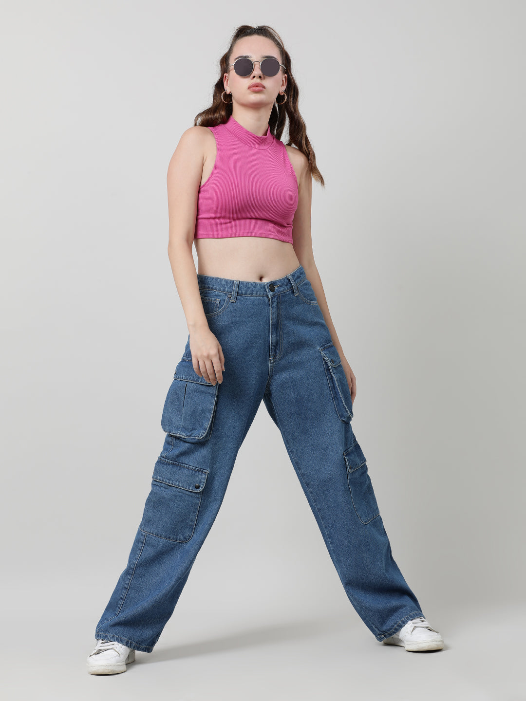 Women Blue Relaxed Fit High Rise Cargo Jeans with Snap