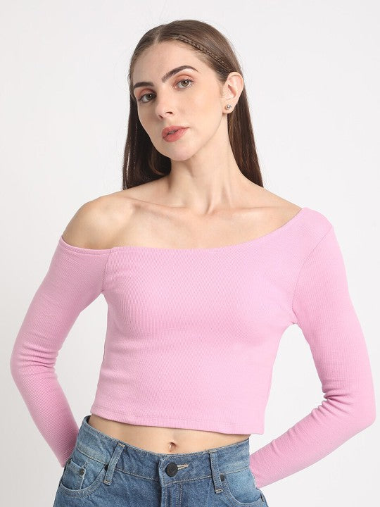 Women Lavender Skinny Fit Off-Shoulder Solid Ribbed Top