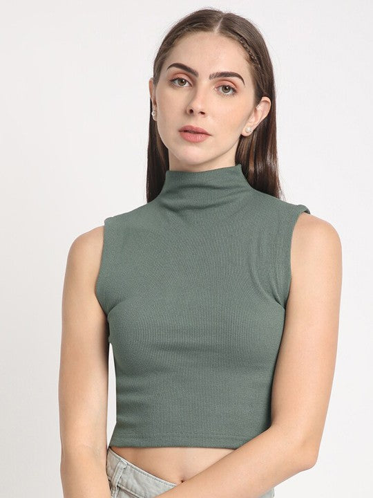 Women Green Skinny Fit Solid Ribbed Crop Top with Back Detailing