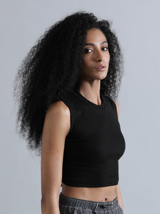 Women Black Skinny Fit Solid Knitted Top with Back Tie-up