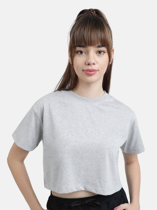 Women Grey Melange Solid Cropped Sustainable Tee