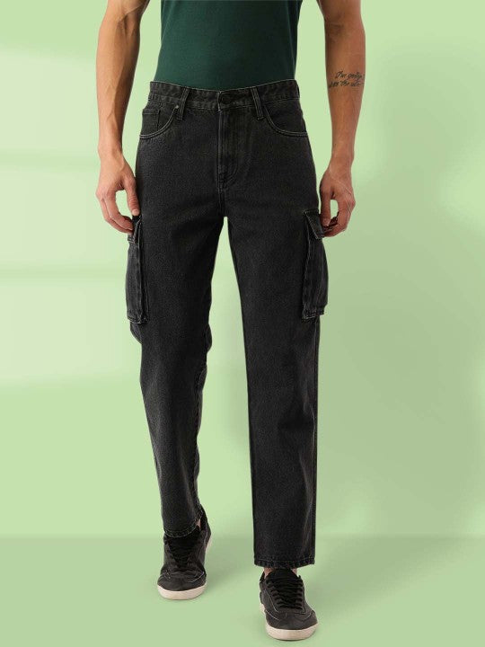 Men Charcoal Relaxed Fit Solid Cargo Jeans