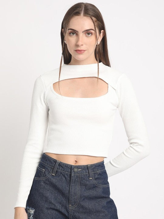 Women Solid Ribbed top with Front cut out detailing