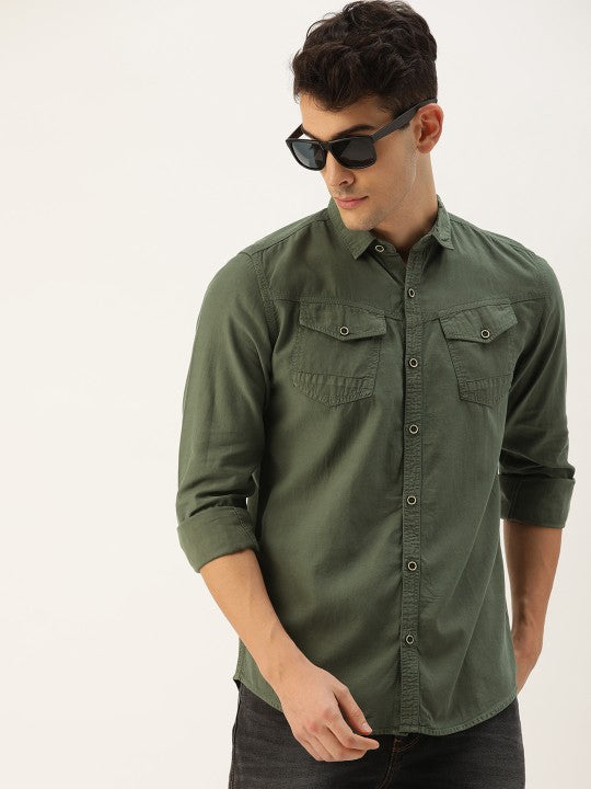 Men Olive Solid Slim Fit Casual Shirt