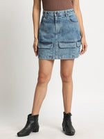 Women Light Fade Denim mini skirt with Cargo pockets