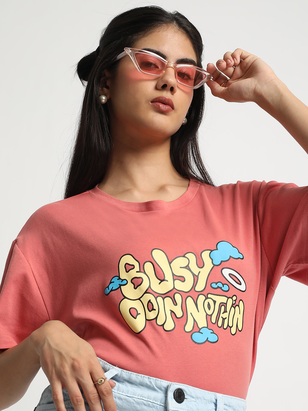 Women Peach Beige Graphic Oversized T-Shirt