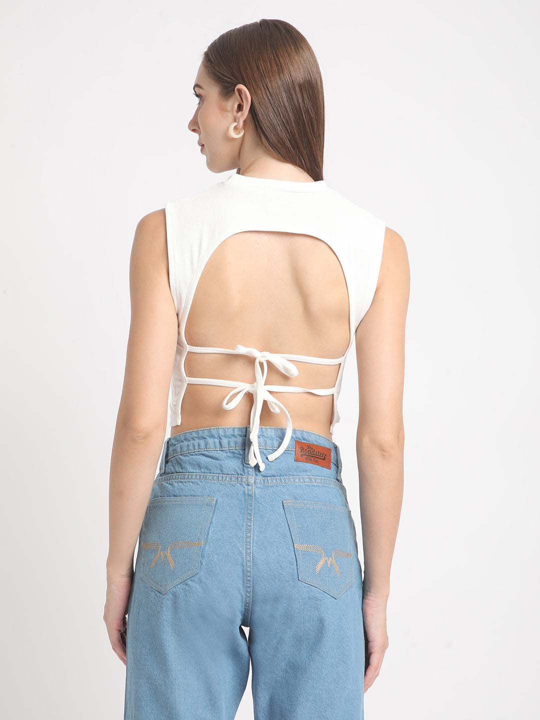 Women Off White Skinny Fit Solid Knitted Top with Back Tie Up