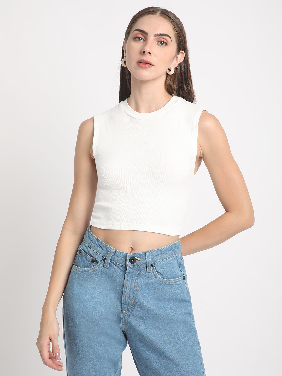 Women High Neck Ribbed Fitted Crop Top