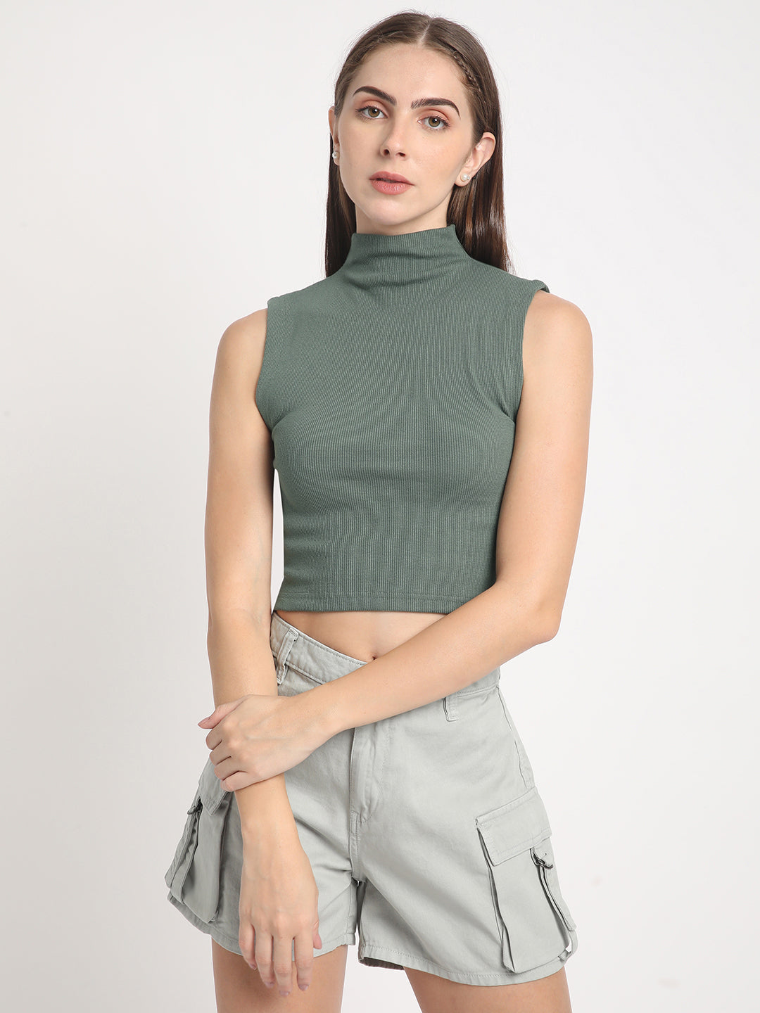 Women Green Skinny Fit Solid Ribbed Crop Top with Back Detailing