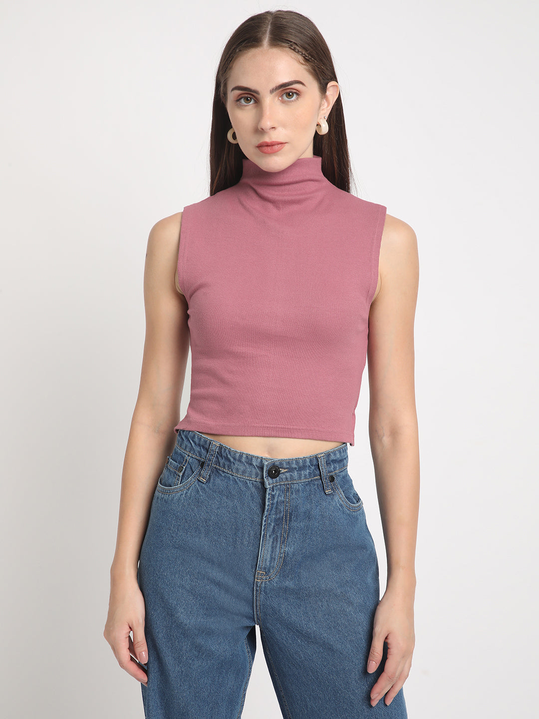 Women Burgundy Skinny Fit Solid Ribbed Crop Top with Back Detailing