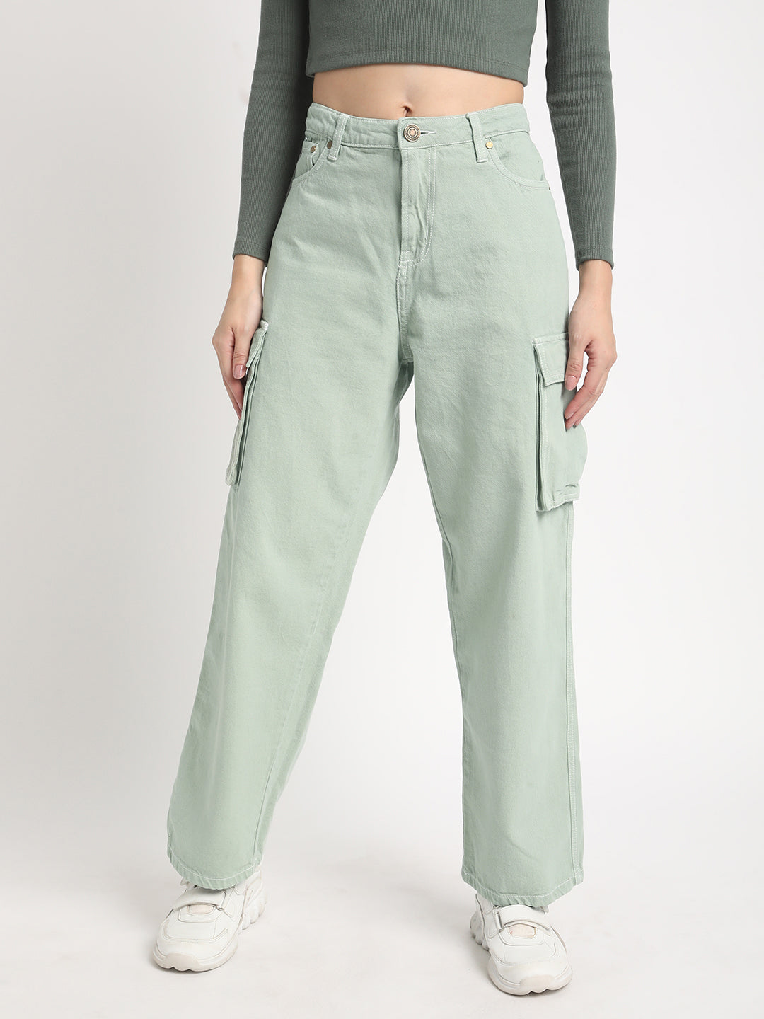 Women Mint Green Relaxed Fit Solid Coloured Cargo Jeans