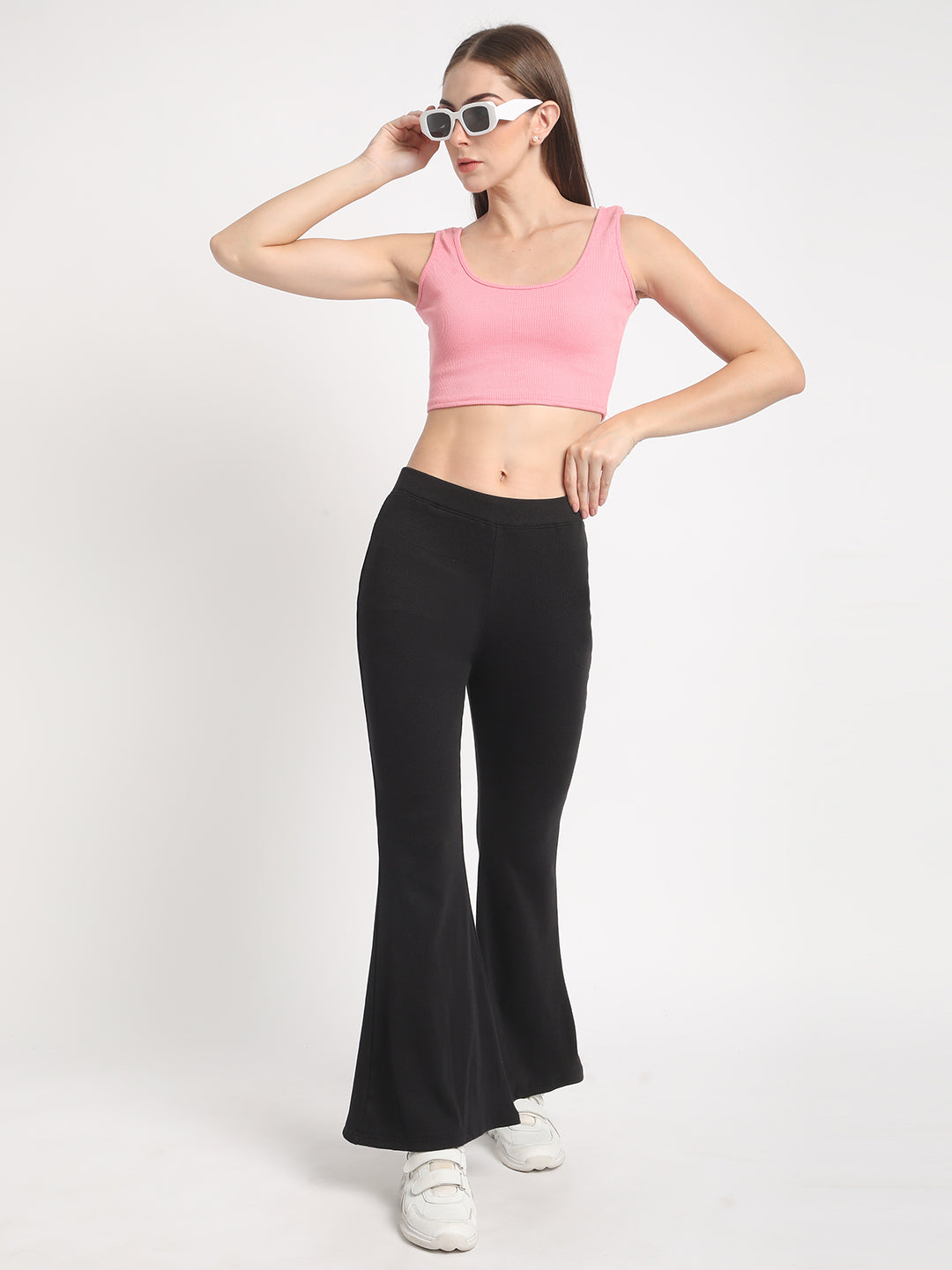 Women Black Skinny Fit Solid High-Rise Flared Knitted Trouser