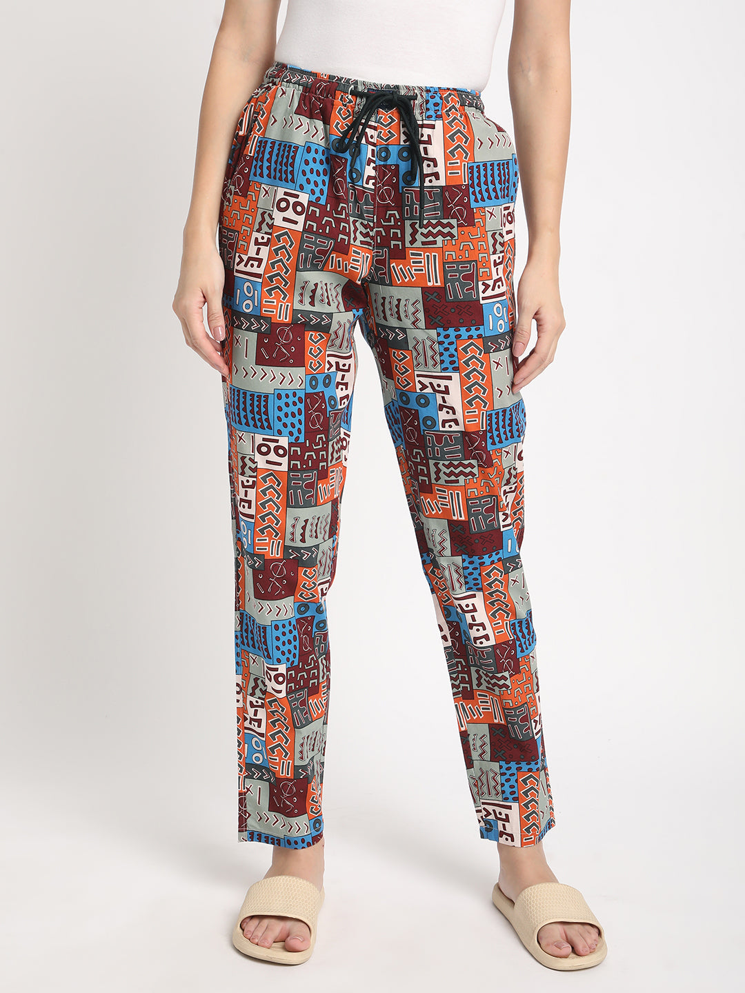Women Blue/Red Regular Fit Pure Cotton Printed Lounge Pants