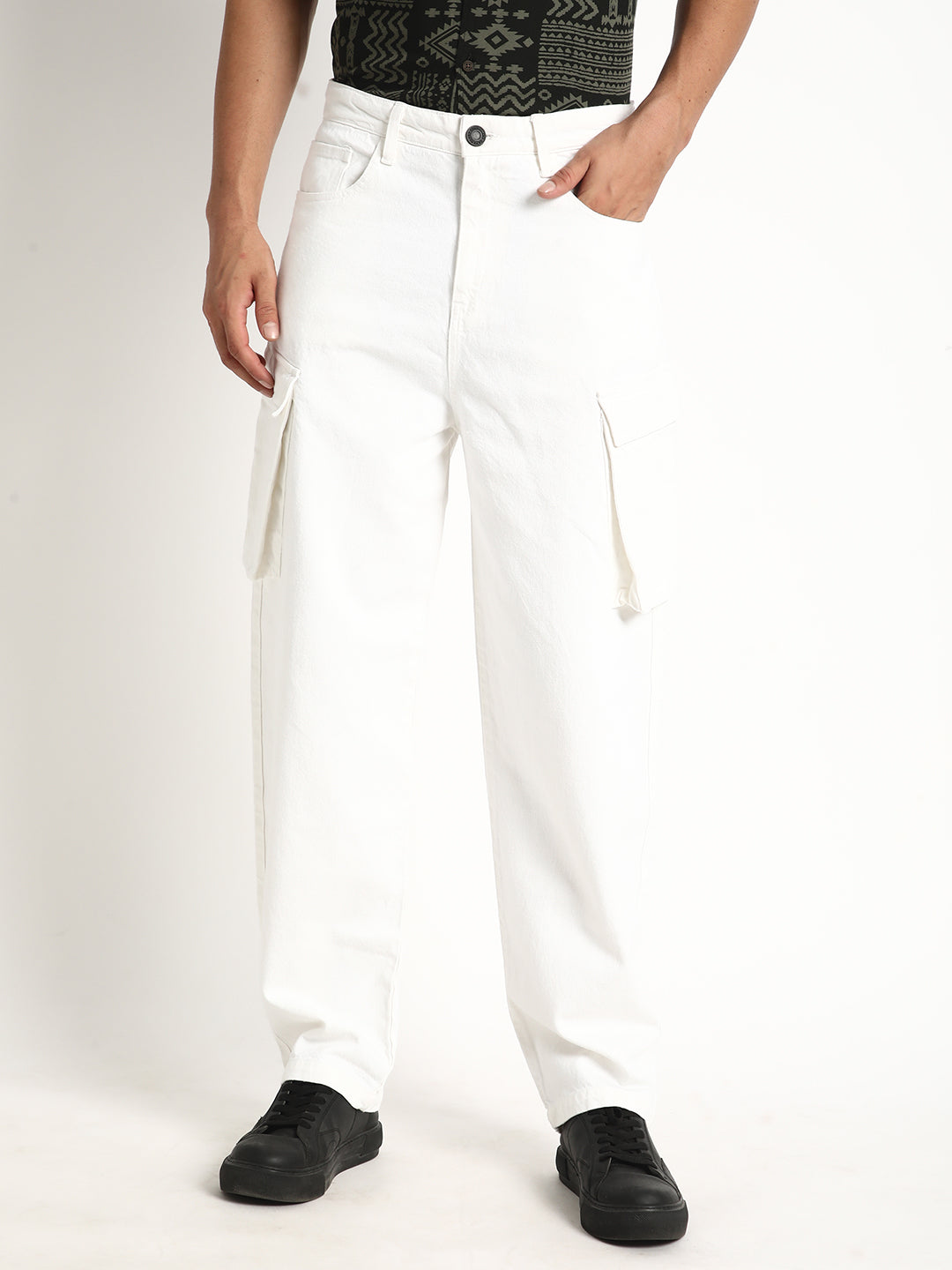 Men White Baggy Fit Solid Cargo Jeans