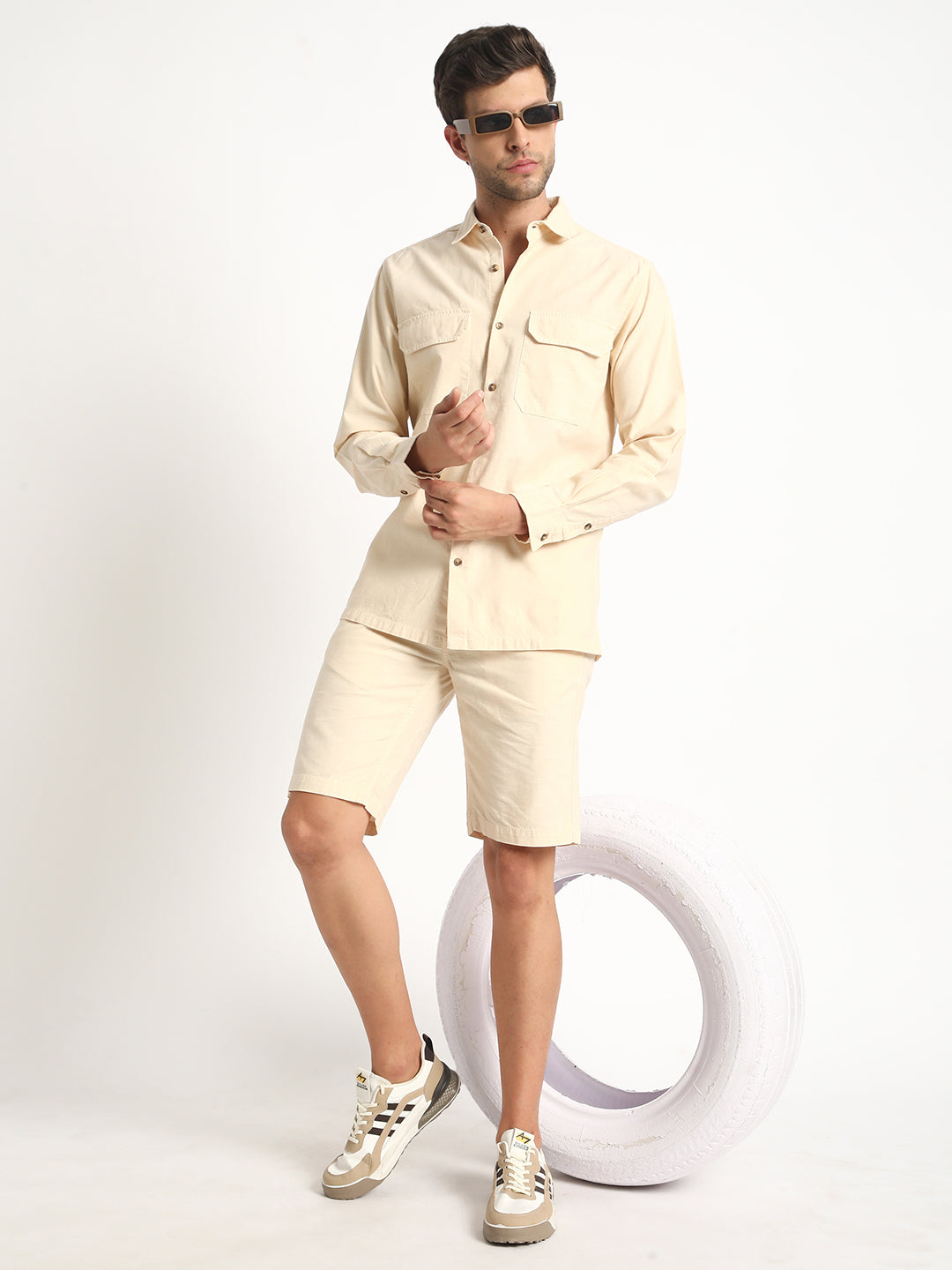 Men Peach Regular Fit Solid Linen Look Full Hand Shirt with Shorts Co-Ord Set