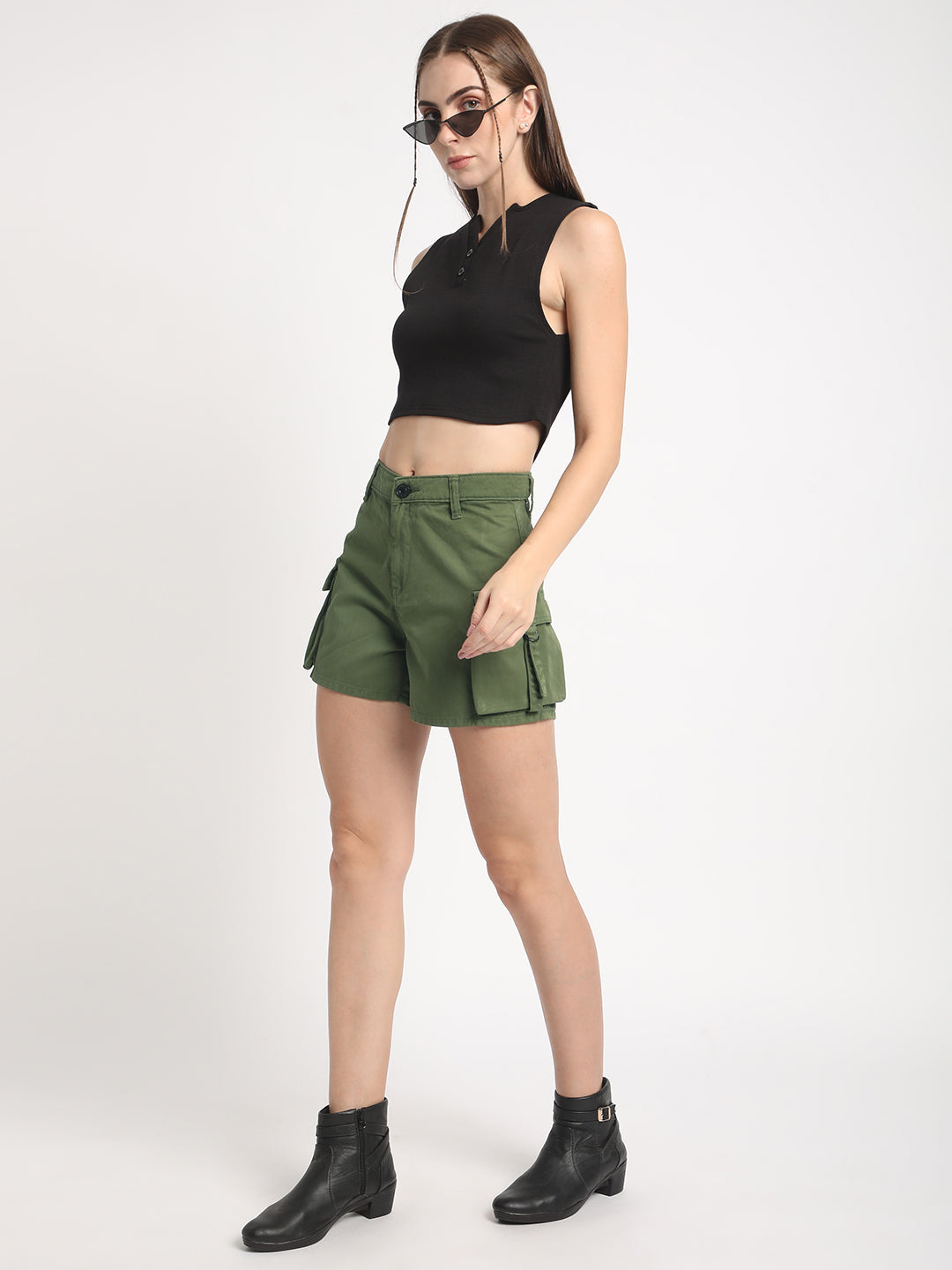 Women Light Green Regular-Fit Solid Cargo Shorts