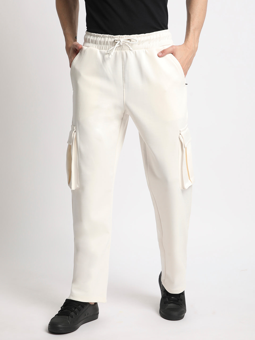 Men Off-White Plated Interlock Relaxed Fit Solid Cargos Trousers