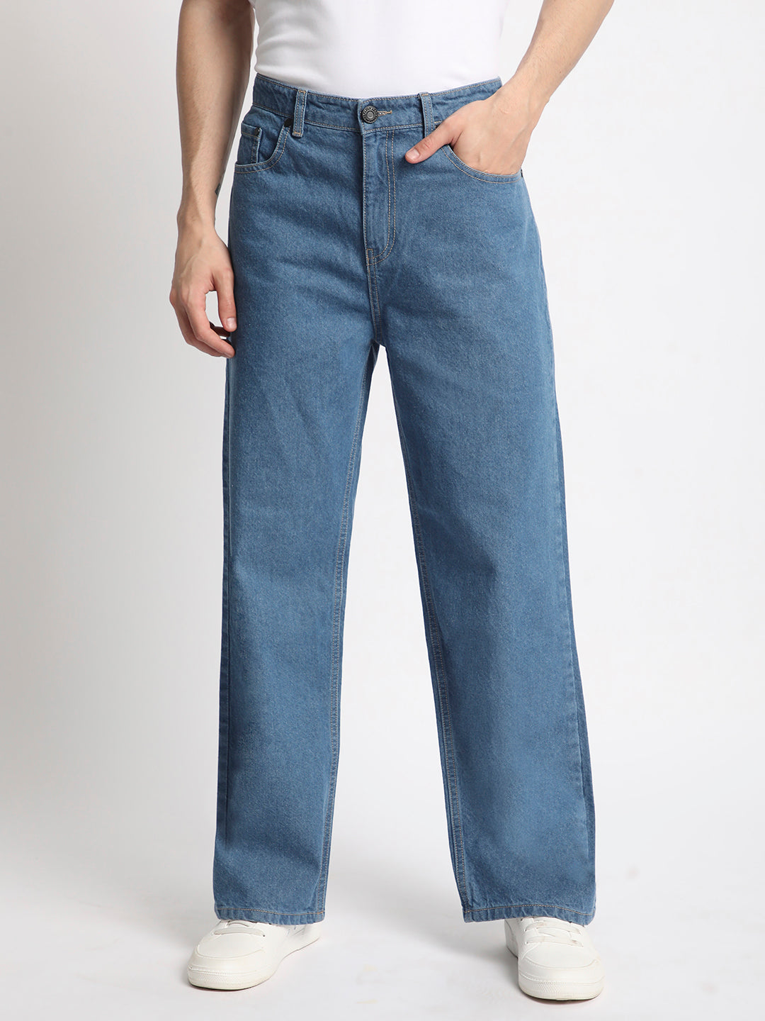 Men-Medium Blue-Coloured-100% Cotton -Wide-Leg-Denim-Trousers