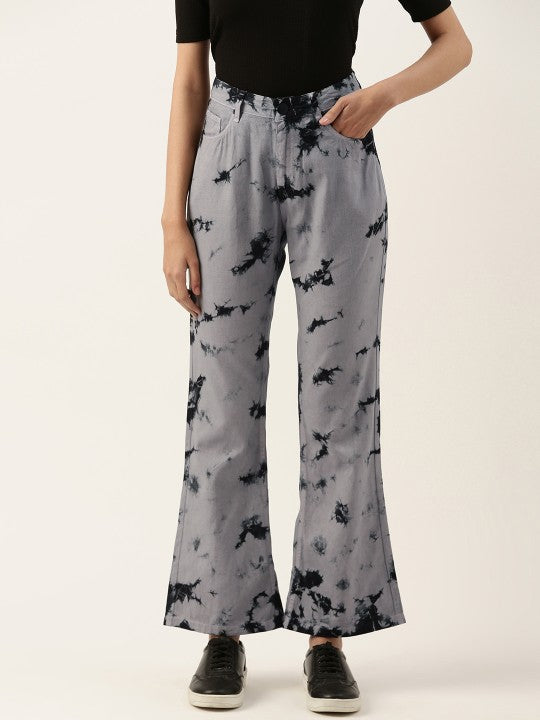 Women Grey Black Boot-Cut Tie and Dye Casual Trousers