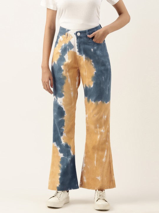 Women Yellow/Blue Boot-Cut Fit Tie and Dye Casual Trousers