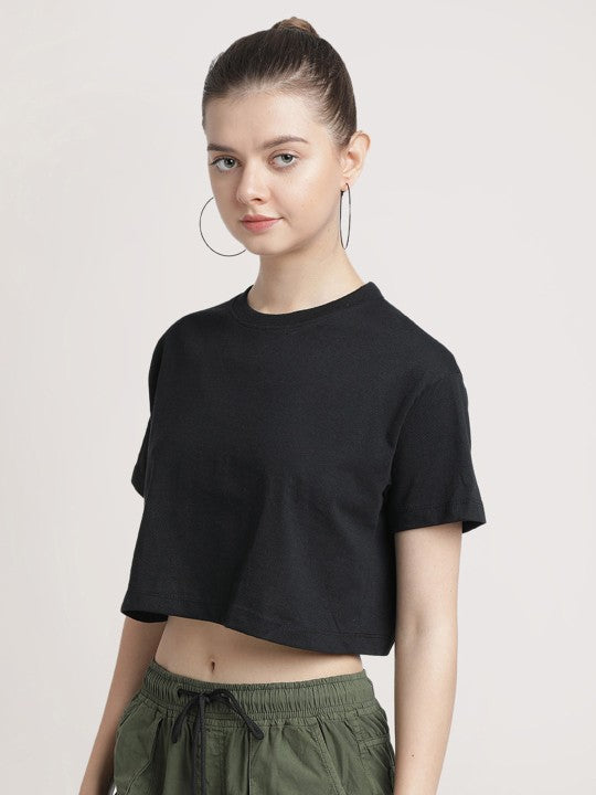 Women Black Cropped Solid Sustainable Tee