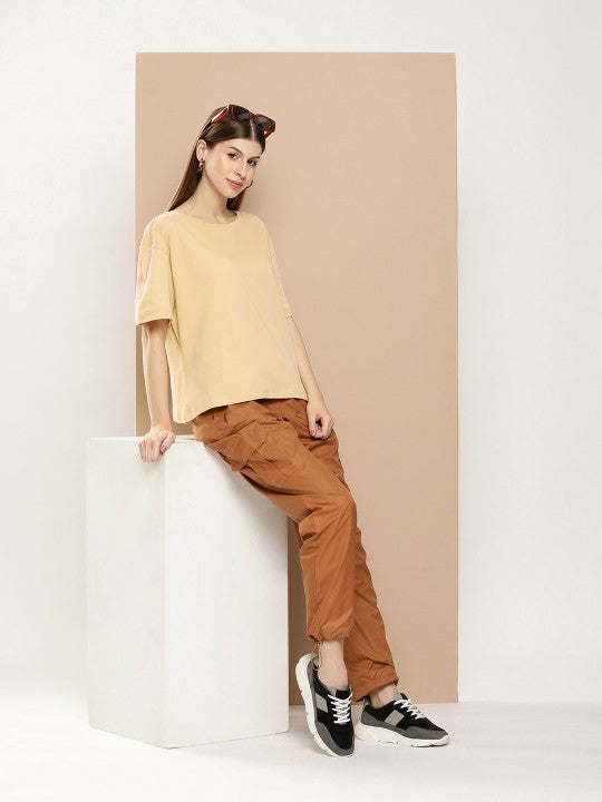 Women Beige Oversized Interlock Solid T-Shirt