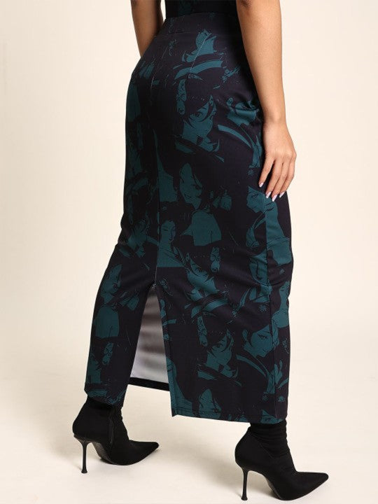 Women Black/Green Printed Co-Ord Set - Top and Skirt