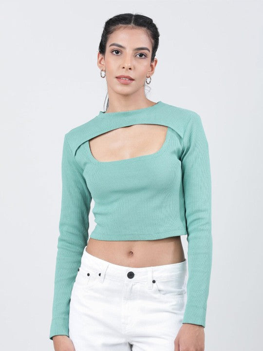 Women Solid Ribbed top with Front cut out detailing