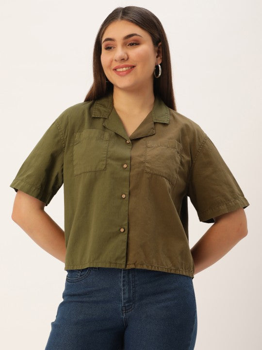 Women Deep Lichen Green/Army Green Boxy Fit Colour Block Casual Shirt