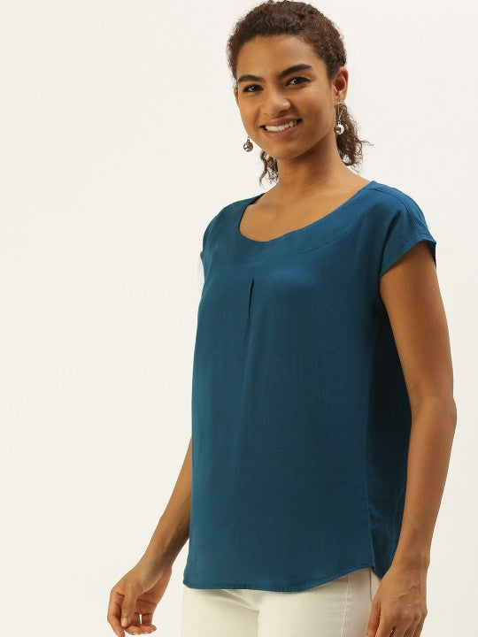 Women Blue Regular Fit Solid Pure Cotton Lenin Casual Top