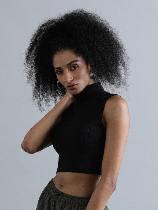 Women Black Skinny Fit Ribbed Crop Top with Back Detailing