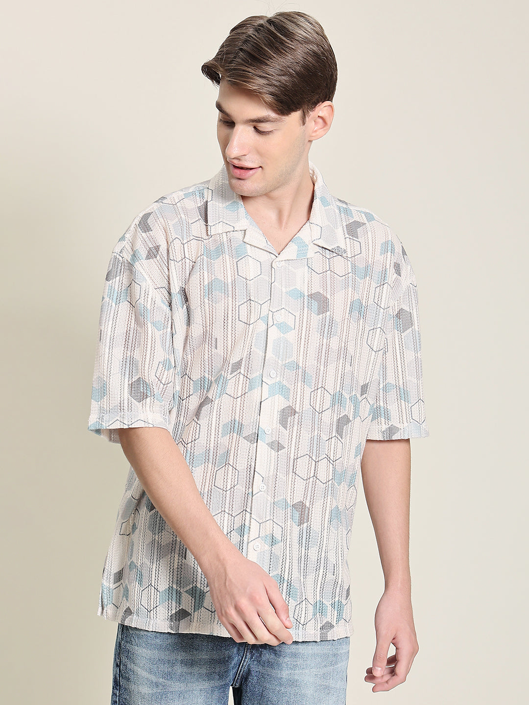 Men Offwhite/Turquoise Oversized Printed Lace Shirt