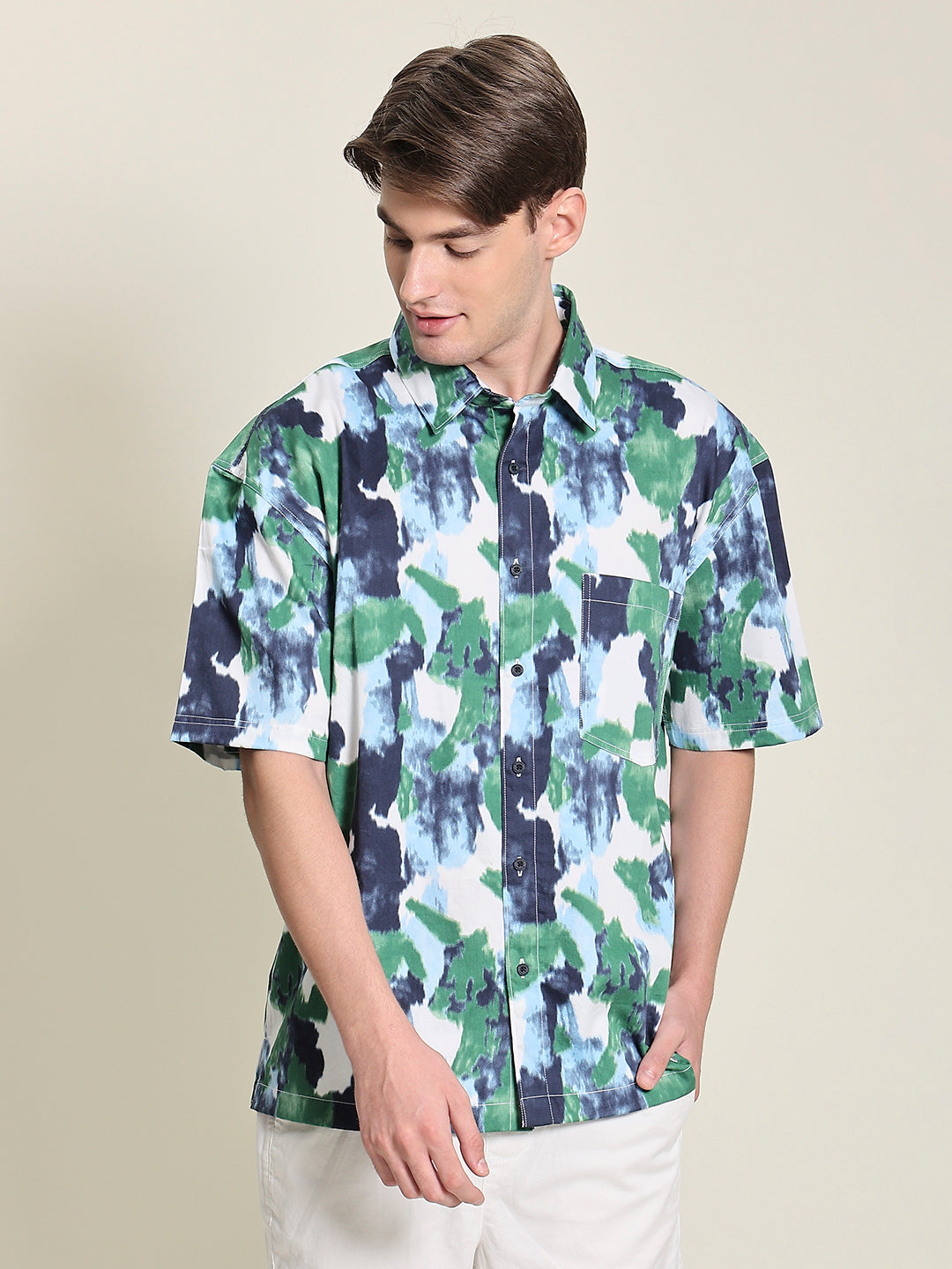 Men Blue/Green Oversized Printed Shirt