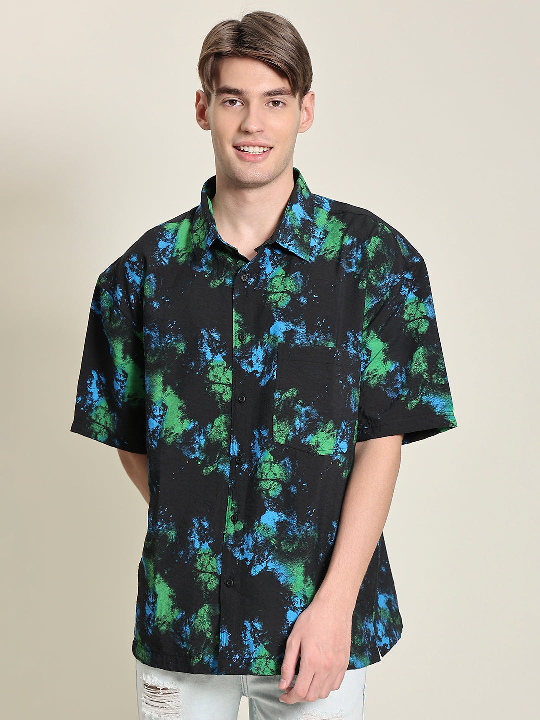 Men Black/Green Oversized Printed Shirt