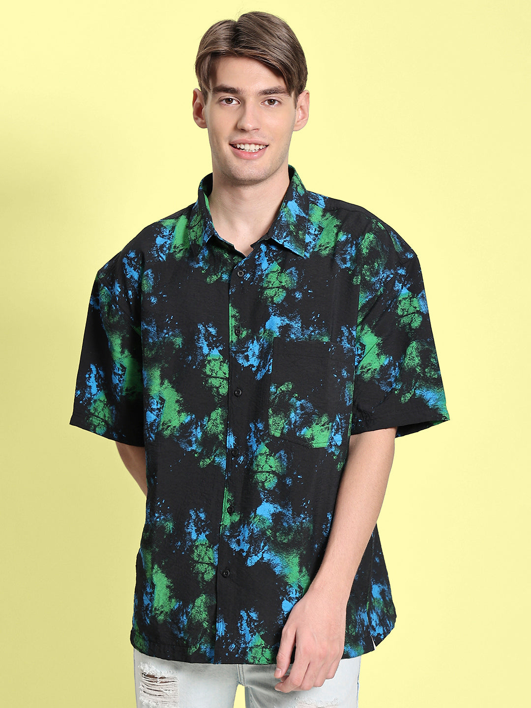 Men Black/Green Oversized Printed Shirt